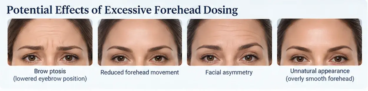 Potential effects of excessive forehead Botox: brow ptosis, reduced movement, asymmetry and an overly smooth forehead