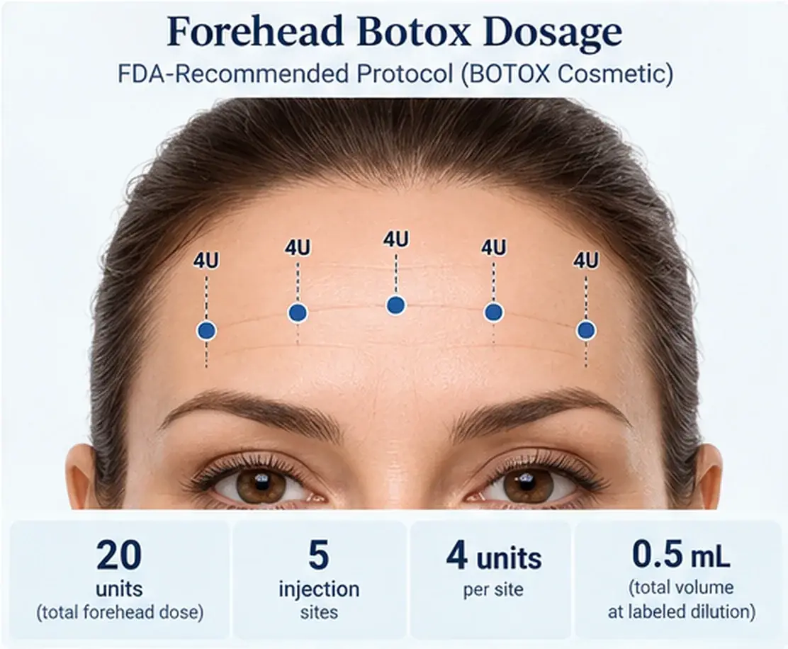 Forehead Botox dosage: 20 units across 5 injection sites, 4 units per site, 0.5 mL total volume