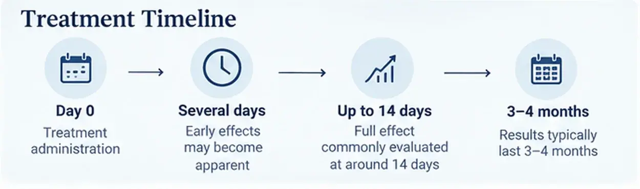Forehead Botox results timeline: day 0, several days, up to 14 days, 3–4 months