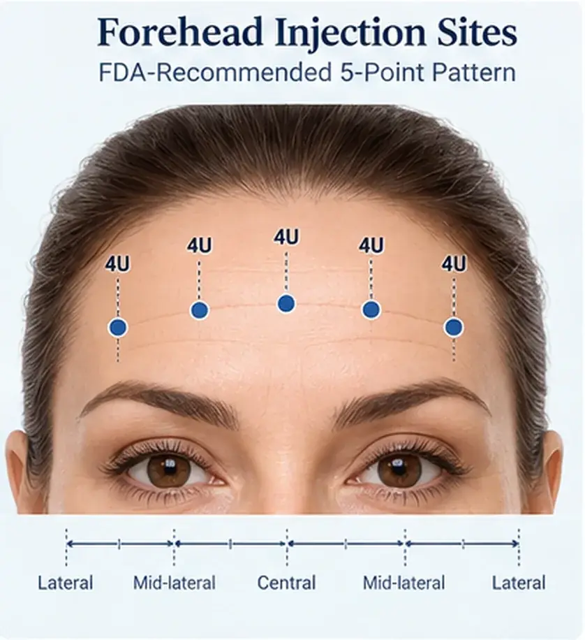 Forehead injection sites: FDA-recommended 5-point pattern with 4 units per site