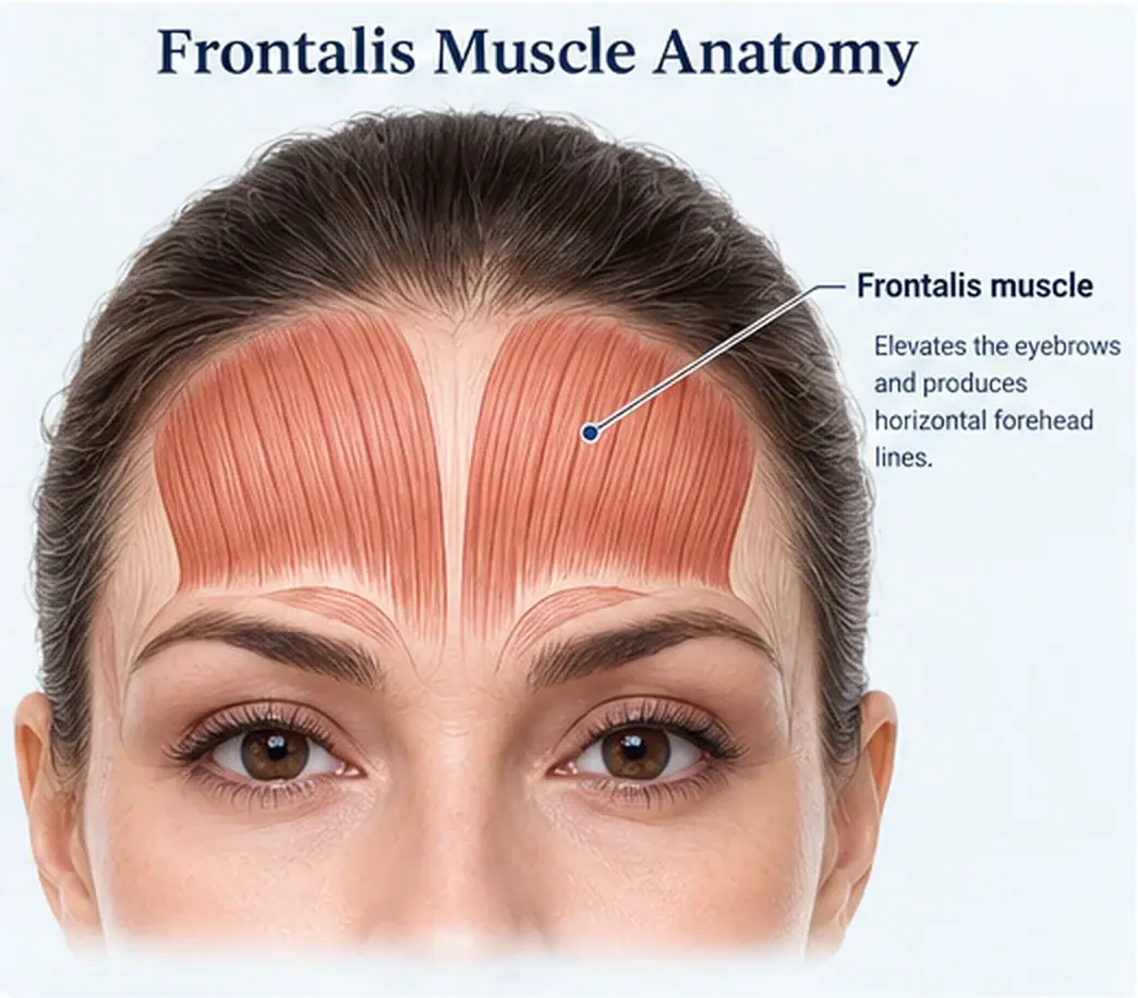 Frontalis muscle anatomy: the muscle that elevates the eyebrows and produces horizontal forehead lines