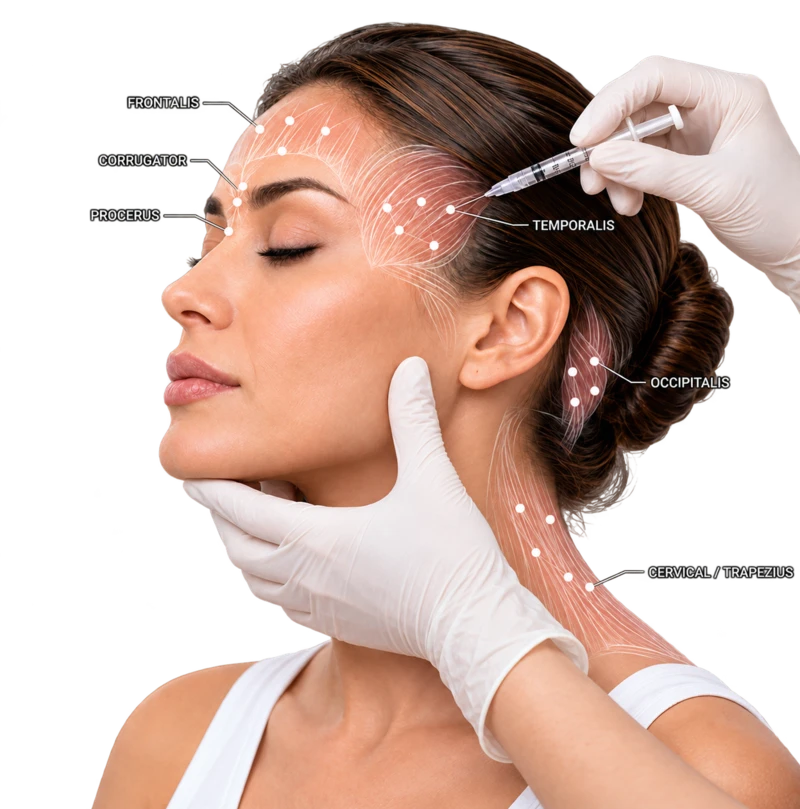 Practitioner marking PREEMPT migraine injection sites on a patient's forehead and temple