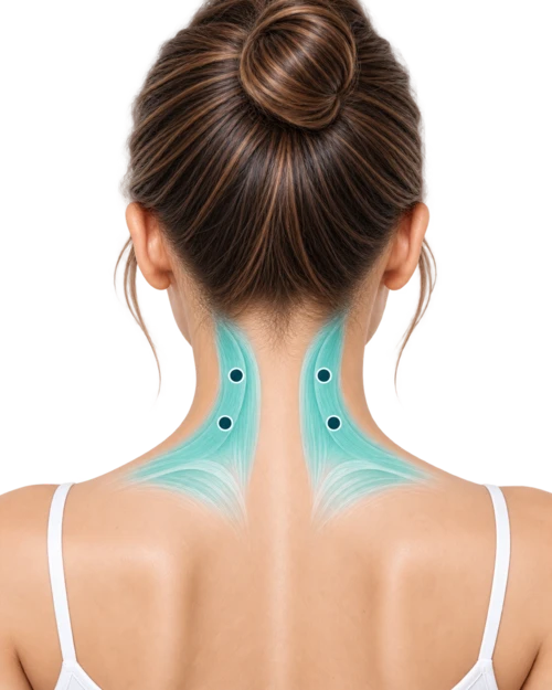 Back view highlighting four cervical paraspinal injection sites either side of the upper neck