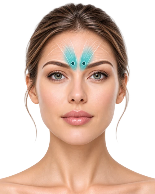 Front view highlighting the two corrugator injection sites above the inner eyebrows