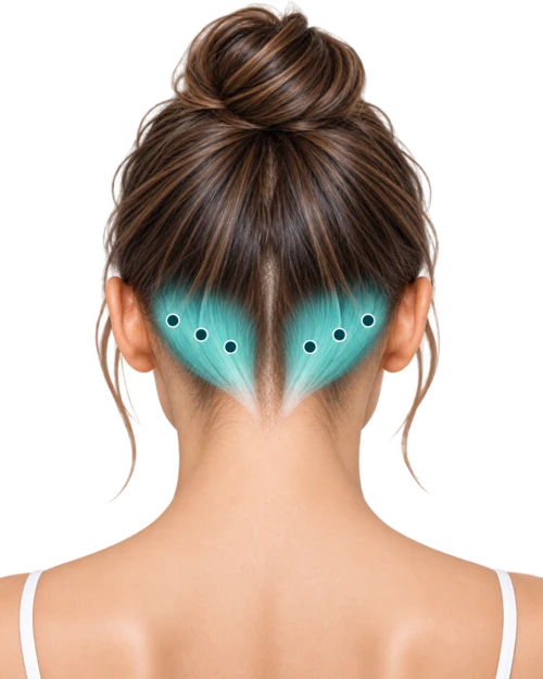 Back view highlighting six bilateral occipitalis injection sites at the back of the scalp