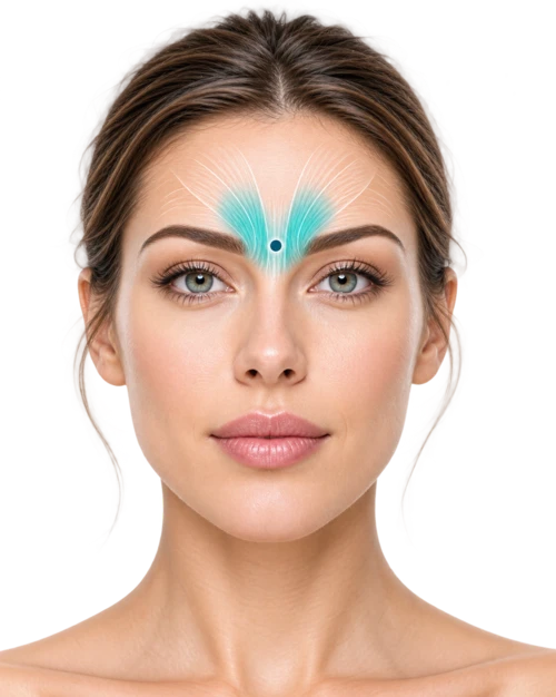 Front view highlighting the single midline procerus injection site