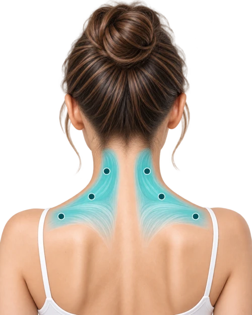 Back view highlighting six bilateral trapezius injection sites across the upper shoulders