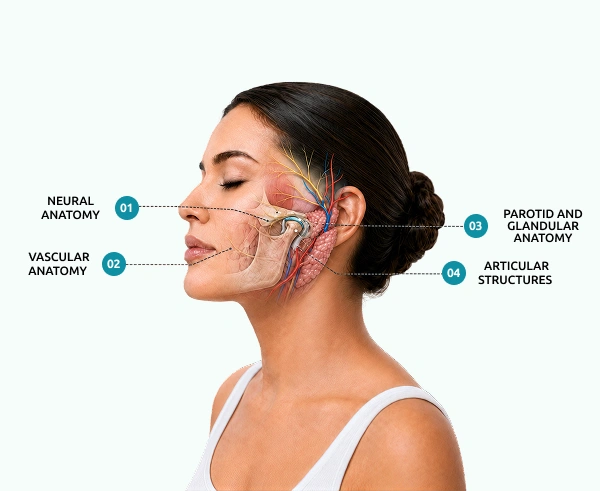 Facial anatomy diagram highlighting neural, vascular, parotid/glandular and articular structures near the TMJ