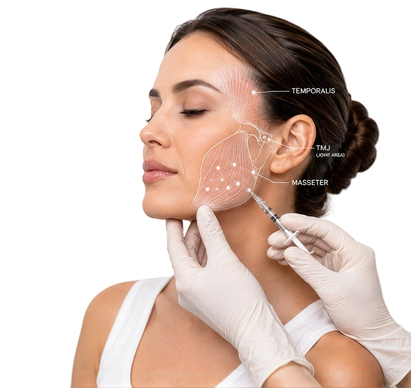 Practitioner marking TMJ, temporalis and masseter injection landmarks on a patient's face