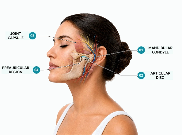 Lateral facial anatomy diagram labelling the joint capsule, preauricular region, mandibular condyle and articular disc
